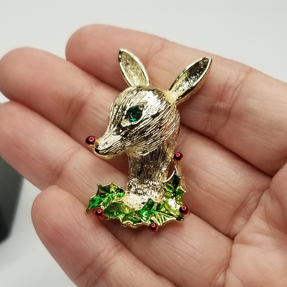 Vintage GOLD  TONE Christmas Gerrys Rudolph Reindeer Holly Lapel Pin Brooch
